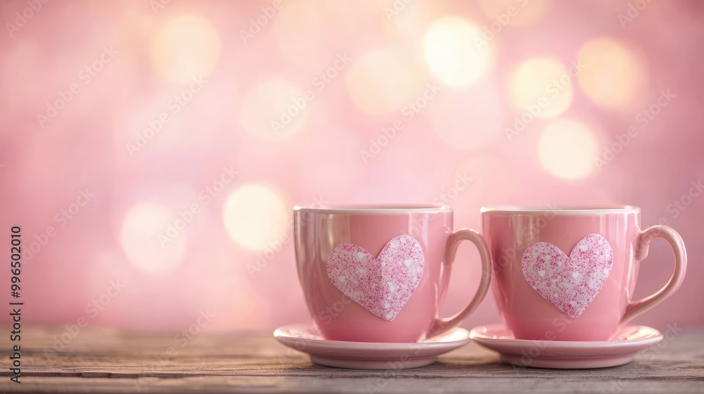 Two pink coffee cups adorned with hearts placed on a wooden table set against a softly blurred pink backdrop conveying a romantic theme Two pink coffee cups adorned with hearts placed on a wooden table set against a softly blurred pink backdrop conveying a romantic theme
