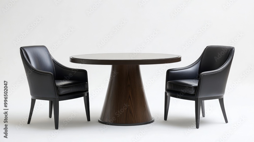 Fototapeta premium Contemporary round dining table accompanied by three stylish black leather chairs on a white background
