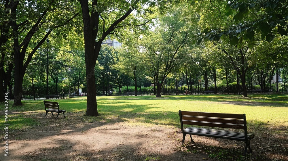 Tranquil Park Bench Under Lush Greenery Tranquil Park Bench Under Lush Greenery