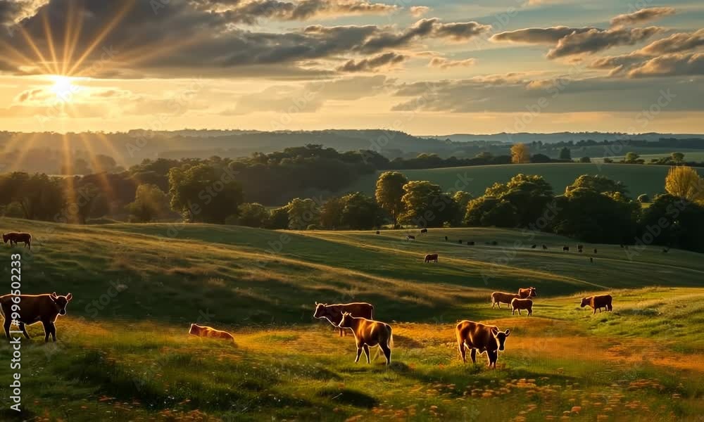 A herd of cows are grazing in a field with a beautiful sunset in the background Video A herd of cows are grazing in a field with a beautiful sunset in the background Video