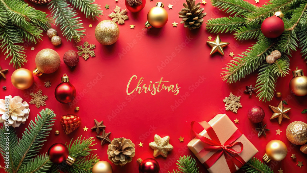 Christmas decorations with ornaments, pine branches, and a gift box arranged on a vibrant red background, celebrating holiday cheer. Christmas decorations with ornaments, pine branches, and a gift box arranged on a vibrant red background, celebrating holiday cheer.