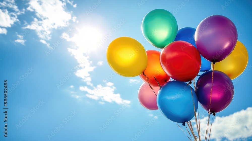 Vibrant balloons celebrating a birthday against a bright sky background Vibrant balloons celebrating a birthday against a bright sky background