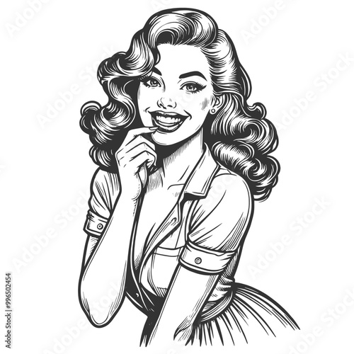 Playful smiling beautiful young woman flirty biting her little finger sketch engraving generative ai fictional character vector illustration. Scratch board imitation. Black and white image.