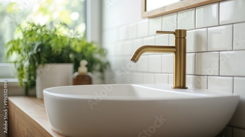 Brushed brass tap mixer set on a wooden vanity with a white basin against a white tiled wall in a contemporary bathroom illuminated by natural light from a nearby window photo