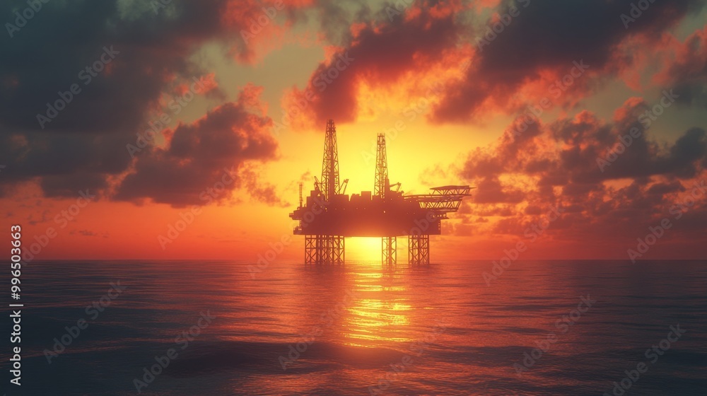 Silhouetted Oil Rig at Sunset Over Calm Waters Silhouetted Oil Rig at Sunset Over Calm Waters
