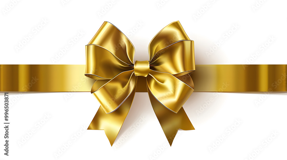 Golden bow and ribbon realistic illustration for Christmas and birthday decorations isolated on white background Golden bow and ribbon realistic illustration for Christmas and birthday decorations isolated on white background