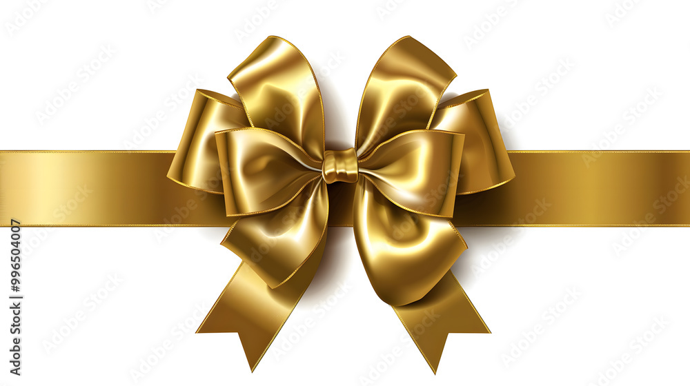 Golden bow and ribbon realistic illustration for Christmas and birthday decorations isolated on white background Golden bow and ribbon realistic illustration for Christmas and birthday decorations isolated on white background