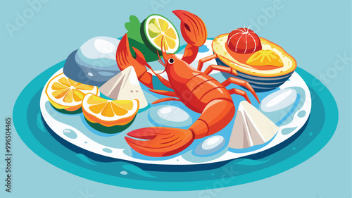 A vector of a luxurious seafood platter, featuring grilled lobster, shrimp, and oysters on a bed of ice. Lemon wedges and a dipping sauce are placed on the side.