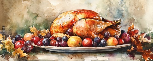 Thanksgiving turkey fresh from the oven, rich autumn colors, festive setting, Watercolor style photo