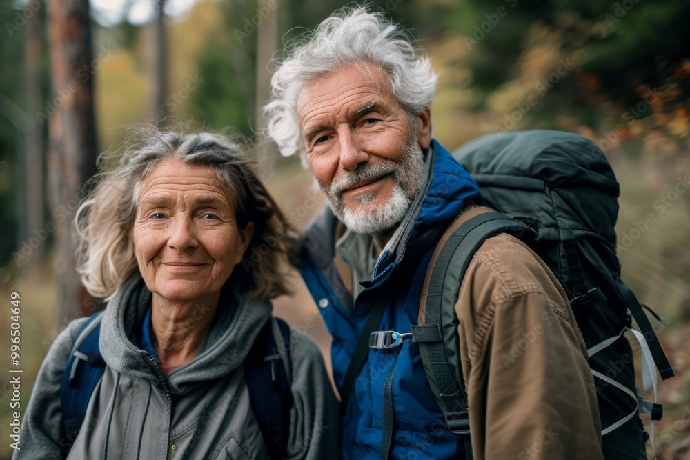 Portrait of a content caucasian couple in their 60s going on a hike in nature Portrait of a content caucasian couple in their 60s going on a hike in nature