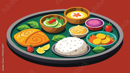 A vector of a traditional Indian thali platter. The plate should include colorful dishes like rice, curry, naan bread, and a side of raita. The foods should be neatly arranged on the plate,