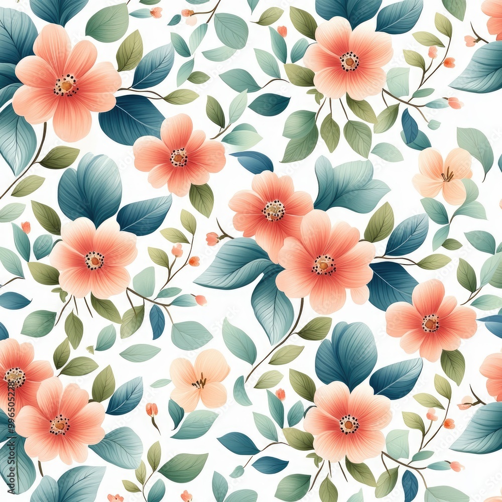 A beautiful floral pattern featuring soft peach flowers and lush green leaves, perfect for various design projects. A beautiful floral pattern featuring soft peach flowers and lush green leaves, perfect for various design projects.