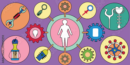 Create a vector illustration showing different hormonal contraceptive devices such as pills, patches, implants, and IUDs, arranged in a circular or grid format with brief labels.