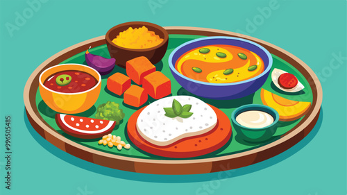 A vector of a traditional Indian thali platter. The plate should include colorful dishes like rice, curry, naan bread, and a side of raita. The foods should be neatly arranged on the plate,