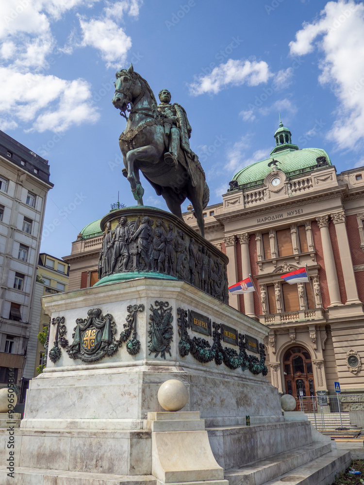 Fototapeta premium Europe, Serbia, Belgrade, Monument to Prince Mihailo Obrenoviću, on Republic Square, in the background the National Museum in Belgrade