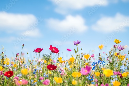 Colorful wildflowers blooming under a clear blue sky in a vibrant meadow, capturing the essence of natural beauty and summer tranquility.