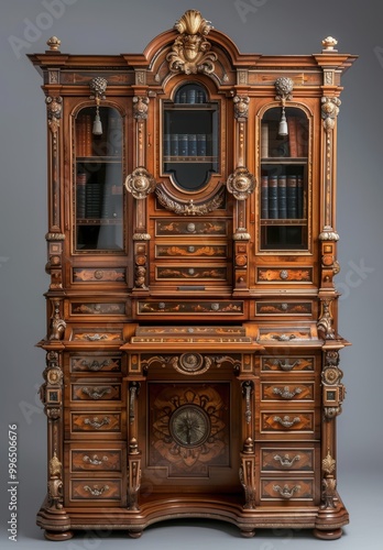 Dutch baroque style vintage cabinet with glass doors showcasing intricate woodwork and ornate details photo