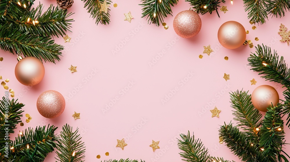 Merry Christmas and New Year. Christmas design. Fir branches, shiny gold balls, confetti and baubles. Christmas background. Festive composition Merry Christmas and New Year. Christmas design. Fir branches, shiny gold balls, confetti and baubles. Christmas background. Festive composition