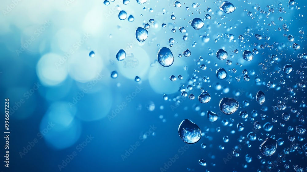 Close-up of water droplets on a blue background, showcasing the beauty of water and reflections in a serene, refreshing manner. Close-up of water droplets on a blue background, showcasing the beauty of water and reflections in a serene, refreshing manner.