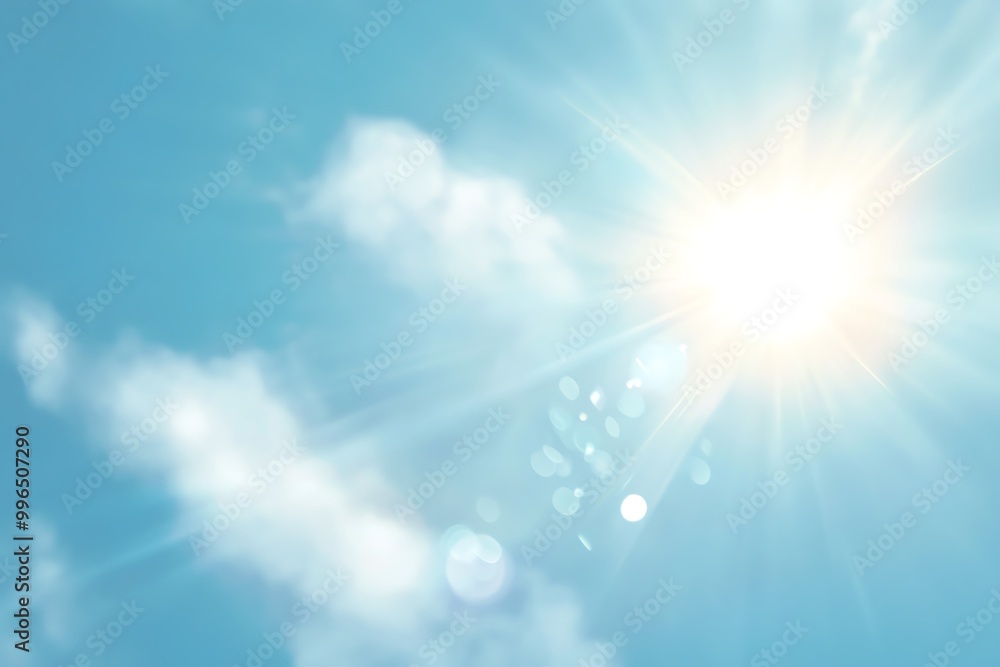 Bright sunny sky with fluffy clouds and shining sun rays, perfect for summer and nature-themed designs. Bright sunny sky with fluffy clouds and shining sun rays, perfect for summer and nature-themed designs.
