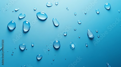 Close-up of water droplets on a smooth blue background, creating a refreshing and tranquil atmosphere, ideal for various designs.