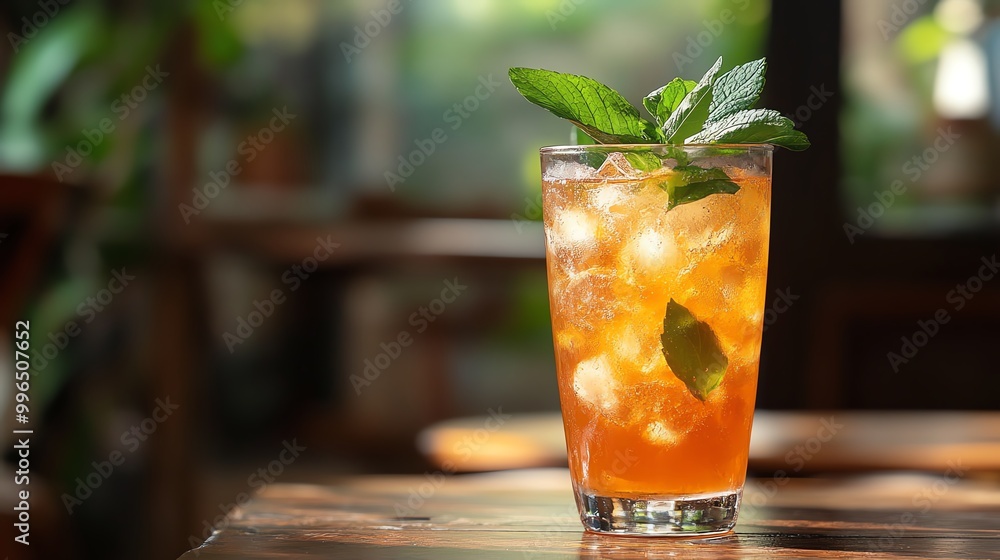 Refreshing iced tea with mint, served in a glass, perfect for a hot day or summer gathering, highlighting vibrant colors and textures. Refreshing iced tea with mint, served in a glass, perfect for a hot day or summer gathering, highlighting vibrant colors and textures.