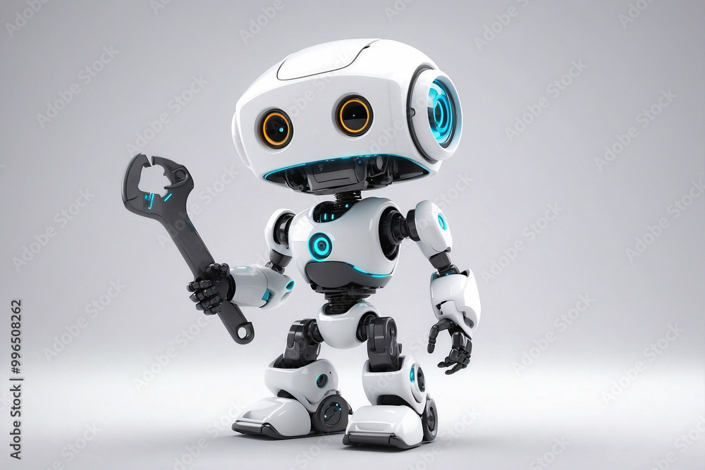 Cute Little Friendly White Robot Holding a Wrench Against a High-Tech Background Cute Little Friendly White Robot Holding a Wrench Against a High-Tech Background