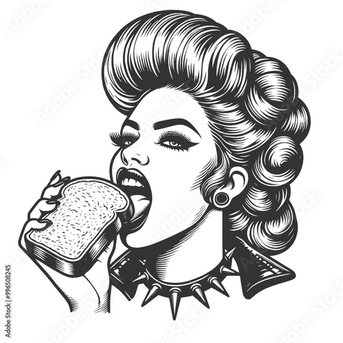 retro punk woman with tattoos and spiked collar, eats bread, edgy style sketch engraving generative ai fictional character vector illustration. Scratch board imitation. Black and white image.