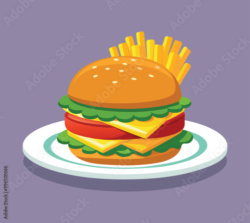 Illustrate a plate with a juicy cheeseburger and crispy golden fries. The burger should have layers of cheese, lettuce, tomatoes, and pickles, with a sesame seed bun. The fries should look crunchy