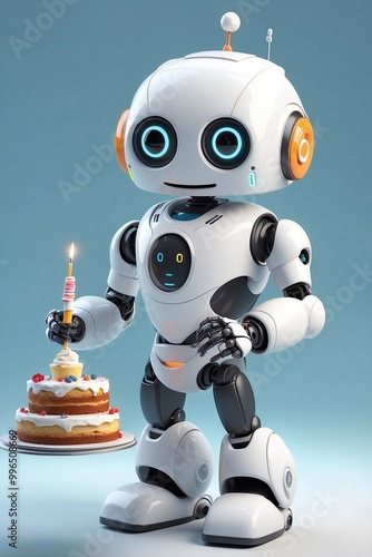 Cute Little Friendly Robot Chef Holding a Cake Ready for Party Delivery