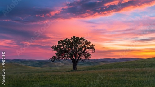 A lone tree standing tall in the middle of a vast grassland, its silhouette framed by a colorful sunset and surrounded by rolling hills. -