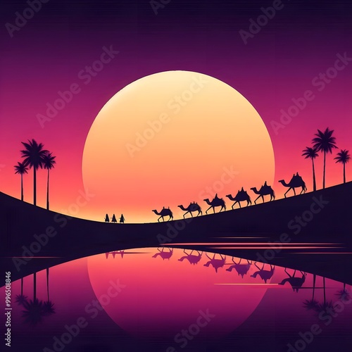 A sunset with mountains and palm trees wallpaper 