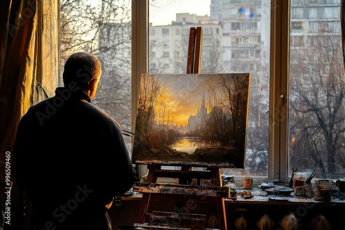 Artist admiring a beautiful landscape painting in a sunlit studio.