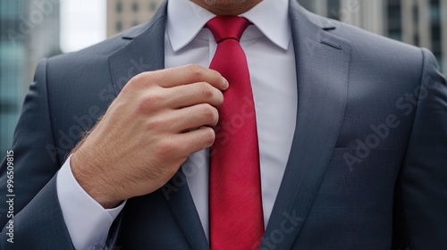 A businessman adjusting his red tie while dressed in a sharp suit, exuding confidence in an urban setting. photo