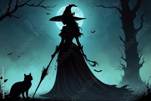 Silhouette of a Woman in a Long Witch Dress Standing Next to a Cat Under the Full Moonlight
