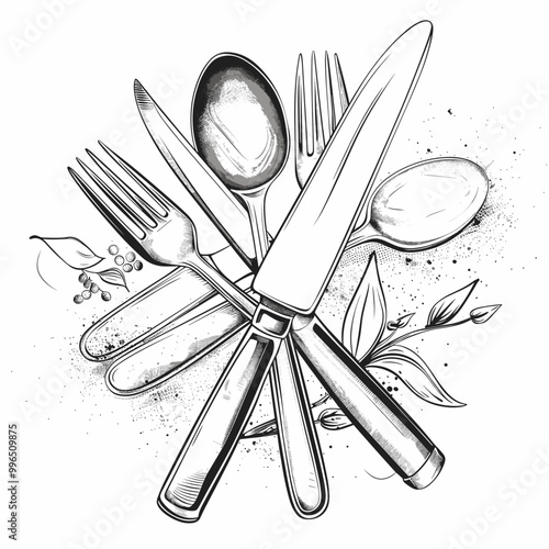 Artistic illustration of cutlery including forks, knives, and spoons with decorative elements
