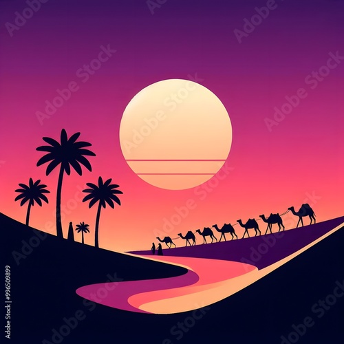 A sunset with mountains and palm trees wallpaper 