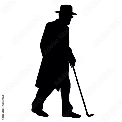 Elderly Man with Walking Aid Silhouette – Vector Graphic Isolated on White