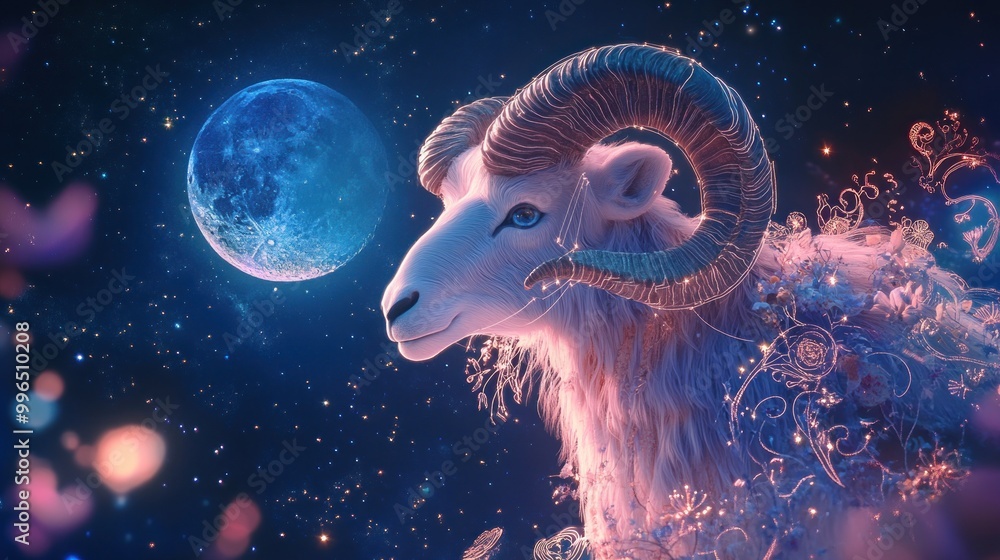 Naklejka premium A dreamy ram gazes at a glowing moon in a whimsical, starry environment.
