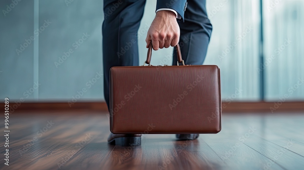 Fototapeta premium A businessman holding a leather briefcase in a modern office setting, exuding professionalism and readiness for meetings.