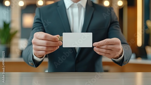 A businessman holding a blank card in an office setting, ideal for concepts related to branding, identity, or marketing. photo