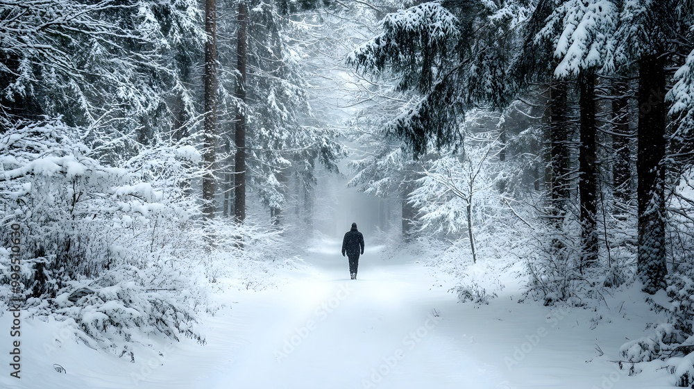 A person walking down a snow-covered path in a forest A person walking down a snow-covered path in a forest