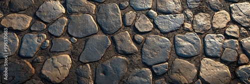 Cobblestone street texture, with uneven stones and weathered surfaces