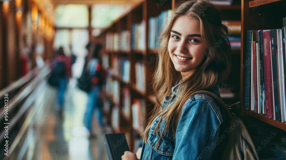 Young female student in library, looking for books, preparing for final exam. Neural network ai generated art Young female student in library, looking for books, preparing for final exam. Neural network ai generated art
