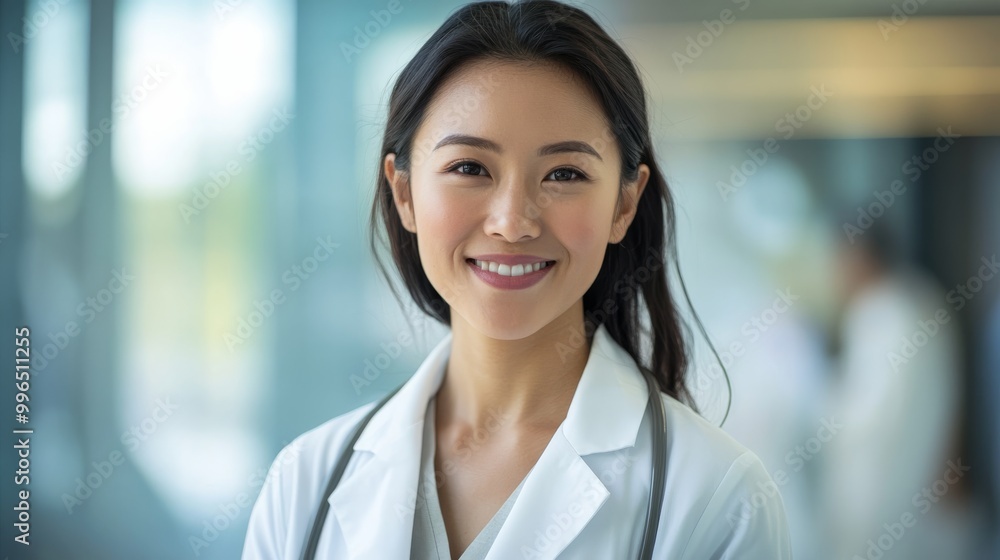 A confident Asian doctor stands in a clinic, smiling warmly while dressed in a white coat. She exudes professionalism and approachability, enhancing patient comfort A confident Asian doctor stands in a clinic, smiling warmly while dressed in a white coat. She exudes professionalism and approachability, enhancing patient comfort
