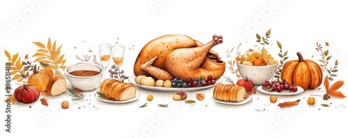 Thanksgiving feast with roasted turkey, gravy boat, bread rolls, and fallthemed decor, familystyle meal, flat design, isolated on white background photo