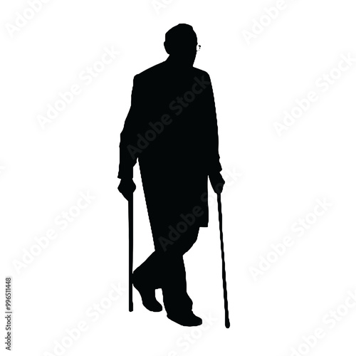 Senior Man Leaning on Cane Silhouette – Vector Image on White Background