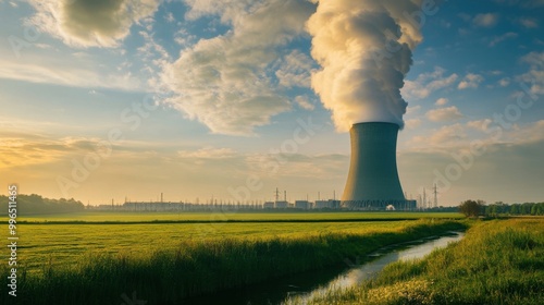 A nuclear power plant cooling tower emitting steam into the sky, surrounded by green fields and nearby water sources.