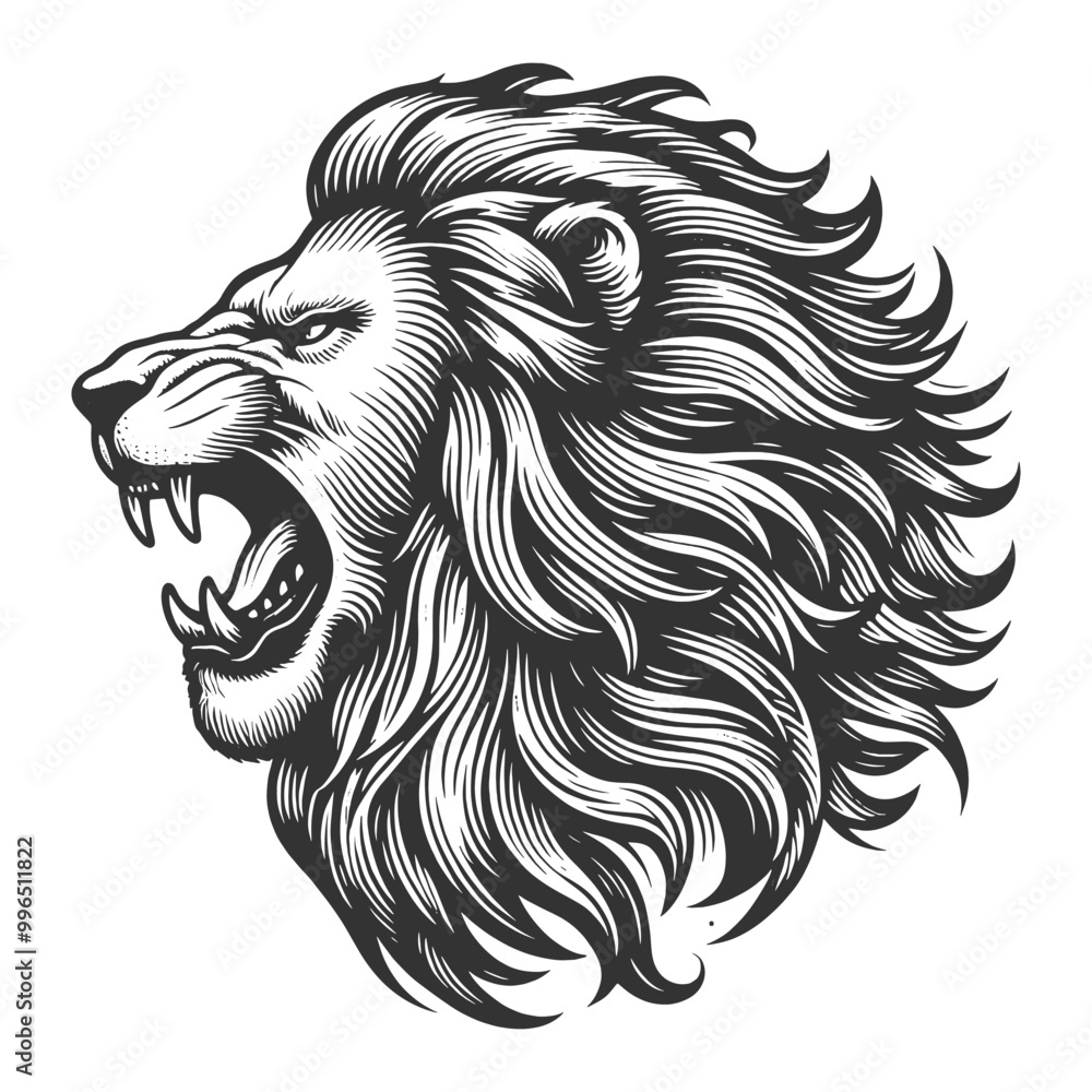 custom made wallpaper toronto digitalFierce Lion Head Roaring tattoo growling sketch engraving generative ai vector illustration. Scratch board imitation. Black and white image.