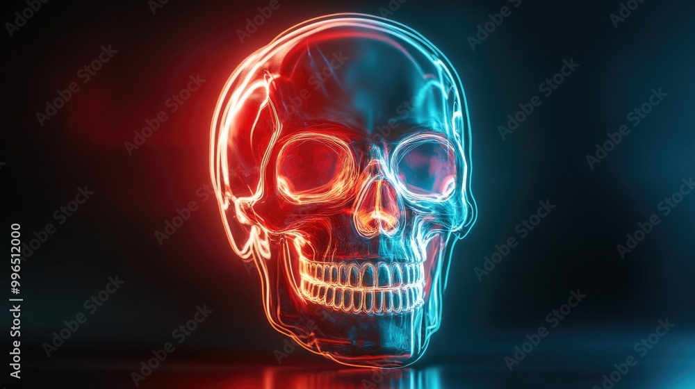 A captivating neon skull illuminated in vibrant red and blue hues, perfect for Halloween or modern art themes. A captivating neon skull illuminated in vibrant red and blue hues, perfect for Halloween or modern art themes.
